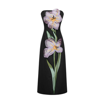 Yvette Black Floral Sequin Embroidered Midi Dress