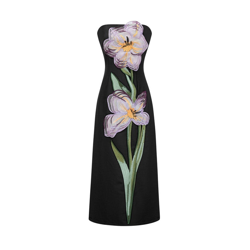 Yvette Black Floral Sequin Embroidered Midi Dress