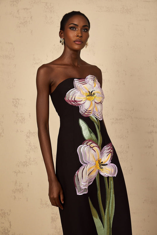Yvette Black Floral Sequin Embroidered Midi Dress