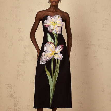 Yvette Black Floral Sequin Embroidered Midi Dress