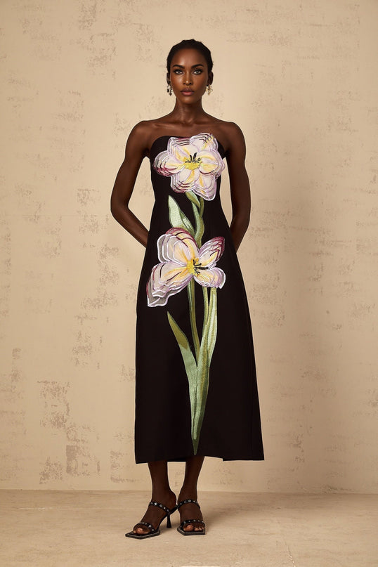Yvette Black Floral Sequin Embroidered Midi Dress