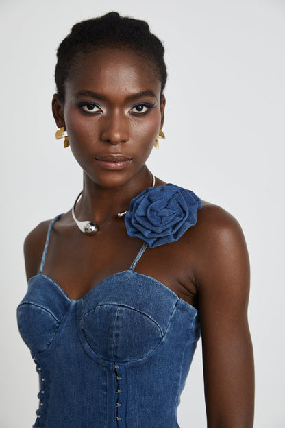 Yvette floralappliqué denim mini dress