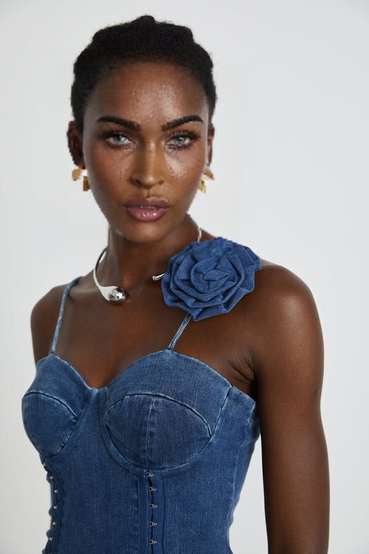 Yvette floralappliqué denim mini dress