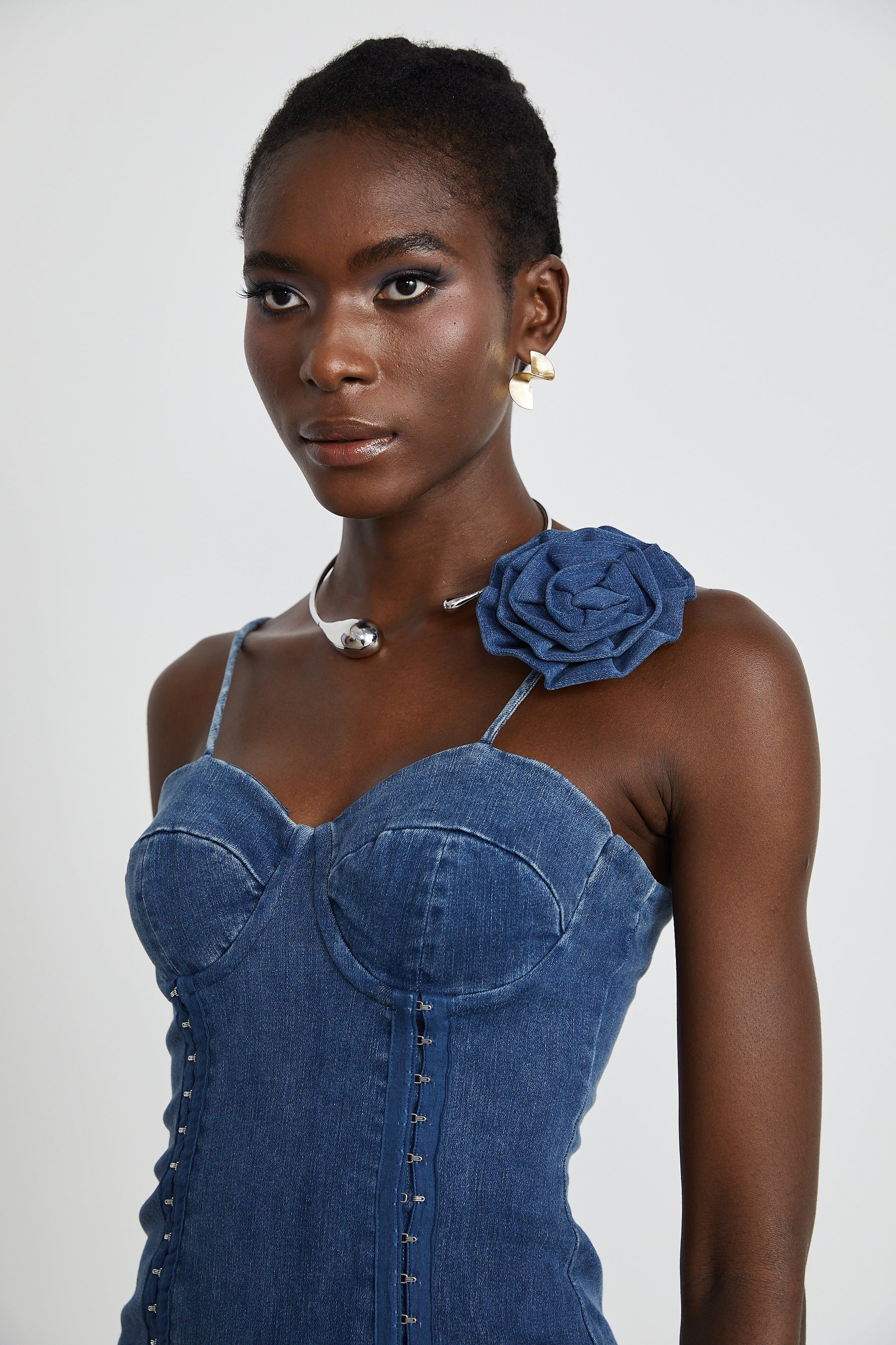 Yvette floralappliqué denim mini dress