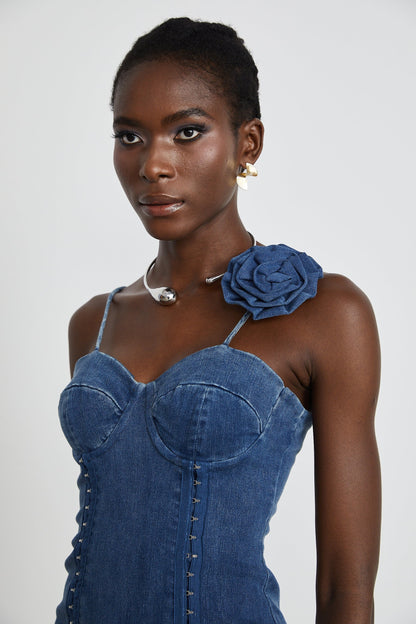 Yvette floralappliqué denim mini dress
