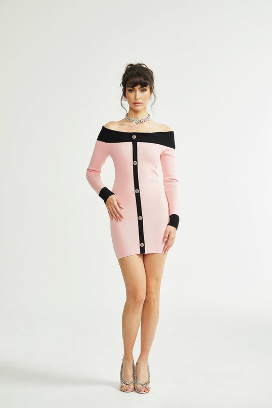 Yvette Pink Black Button Knit Thigh Length Dress