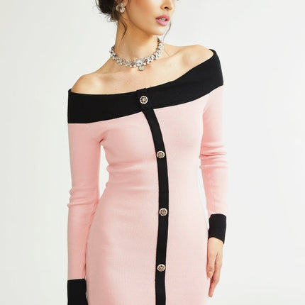 Yvette Pink Black Button Knit Thigh Length Dress
