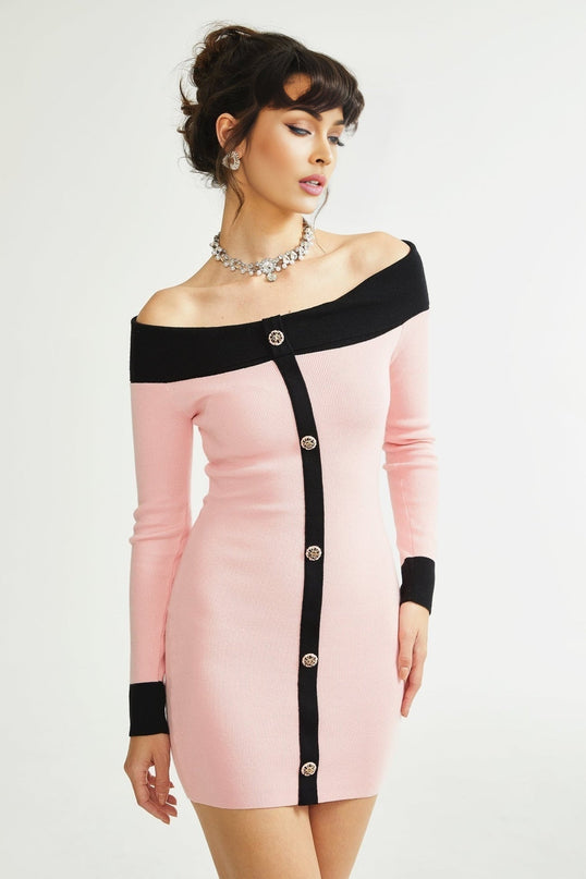 Yvette Pink Black Button Knit Thigh Length Dress