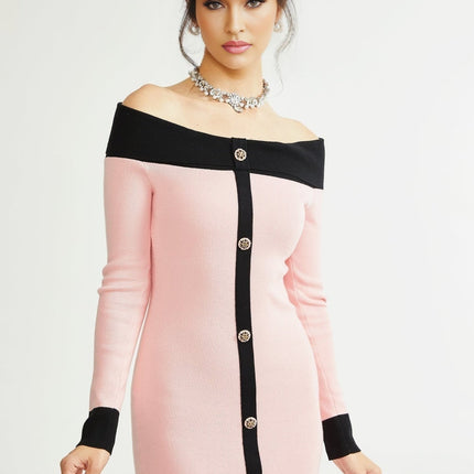 Yvette Pink Black Button Knit Thigh Length Dress