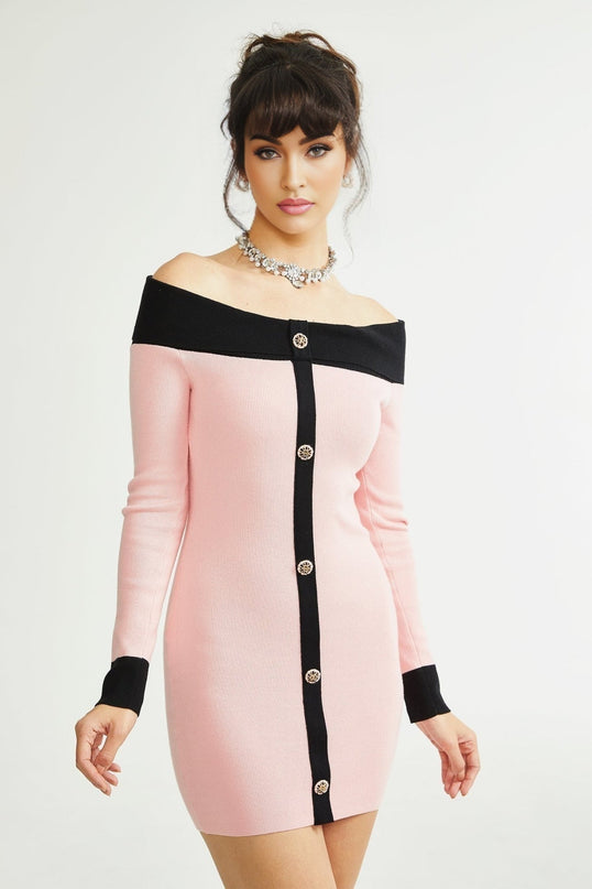 Yvette Pink Black Button Knit Thigh Length Dress