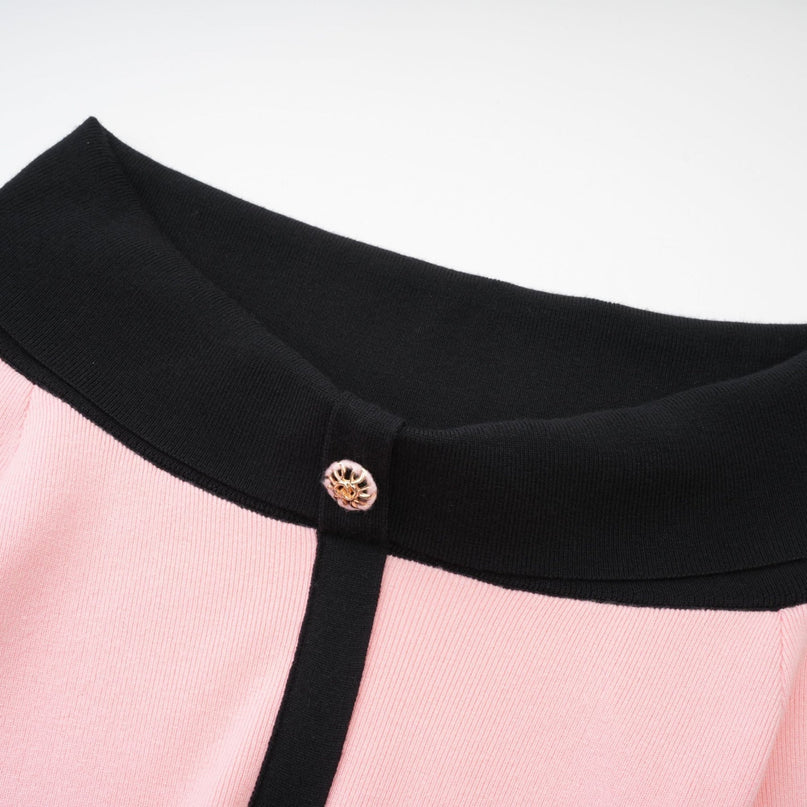 Yvette Pink Black Button Knit Thigh Length Dress