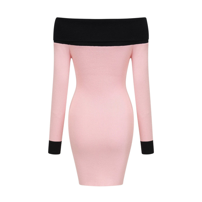 Yvette Pink Black Button Knit Thigh Length Dress