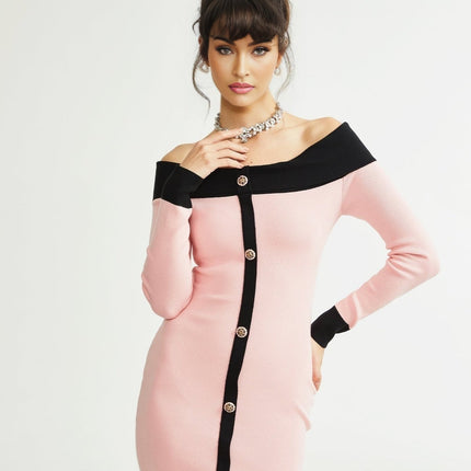 Yvette Pink Black Button Knit Thigh Length Mini Dress