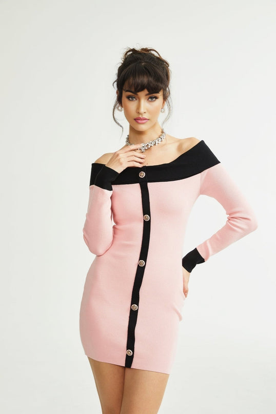 Yvette Pink Black Button Knit Thigh Length Mini Dress