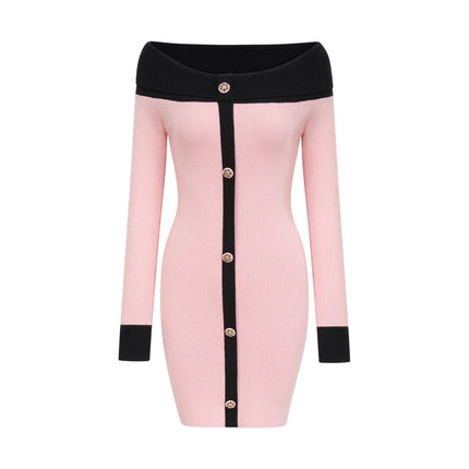 Yvette Pink Black Button Knit Thigh Length Mini Dress
