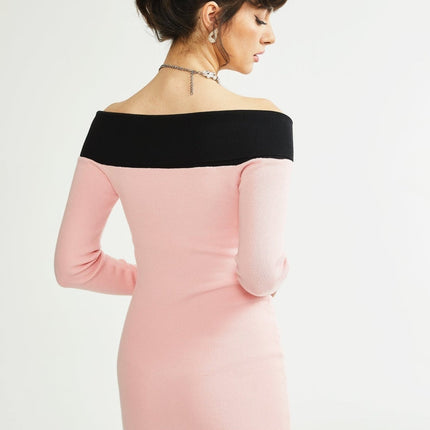 Yvette Pink Black Button Knit Thigh Length Mini Dress