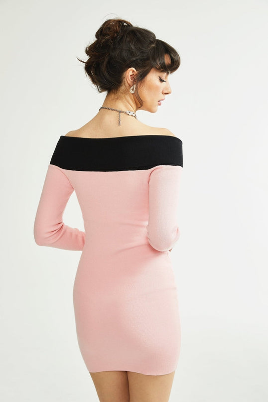 Yvette Pink Black Button Knit Thigh Length Mini Dress