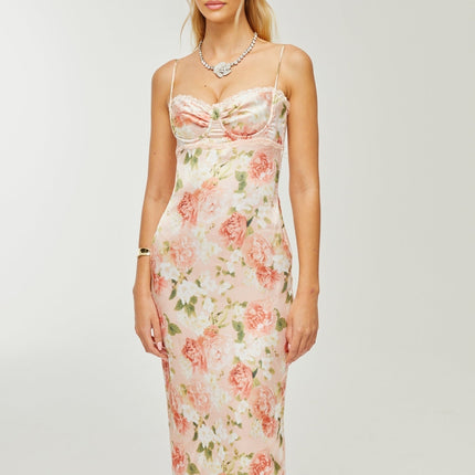 Yvette pink floralprint satin maxi dress