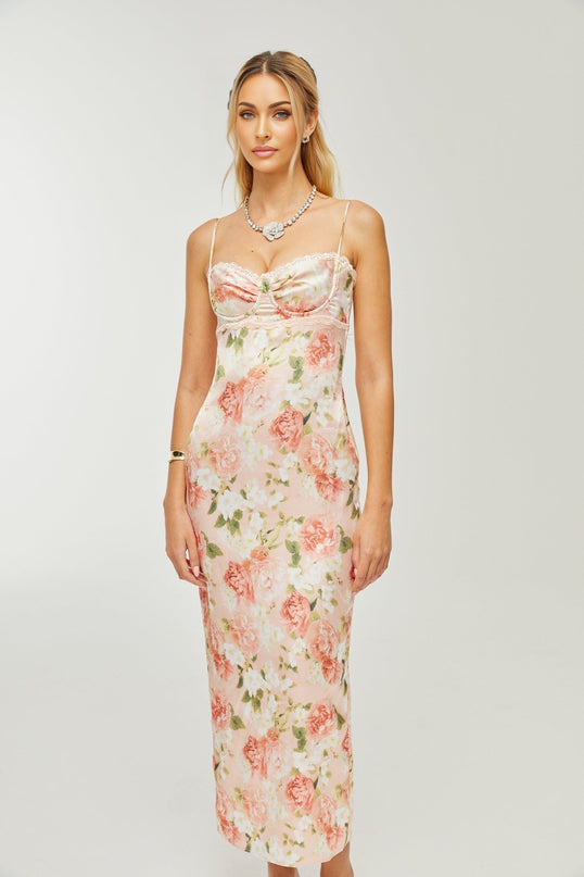 Yvette pink floralprint satin maxi dress