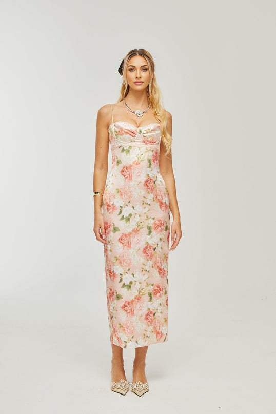 Yvette pink floralprint satin maxi dress