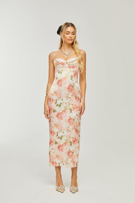 Yvette pink floralprint satin maxi dress