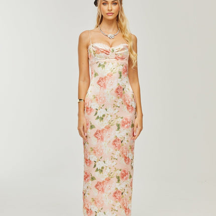 Yvette pink floralprint satin maxi dress