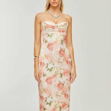 Yvette pink floralprint satin maxi dress