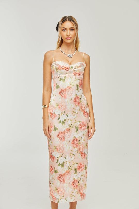 Yvette pink floralprint satin maxi dress
