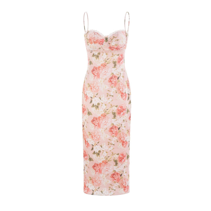 Yvette pink floralprint satin maxi dress