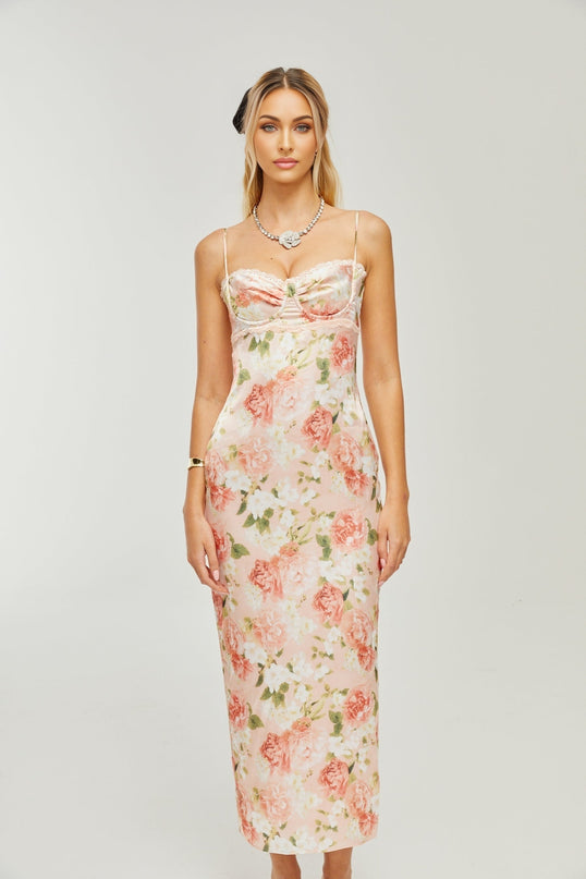 Yvette pink floralprint satin maxi dress