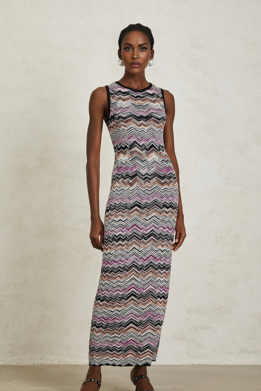 Yvette Purple Zigzag Maxi Dress in Woven Knit