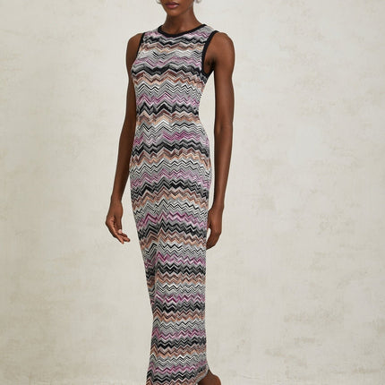Yvette Purple Zigzag Maxi Dress in Woven Knit