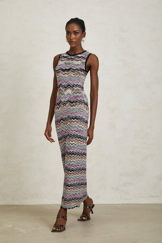 Yvette Purple Zigzag Maxi Dress in Woven Knit