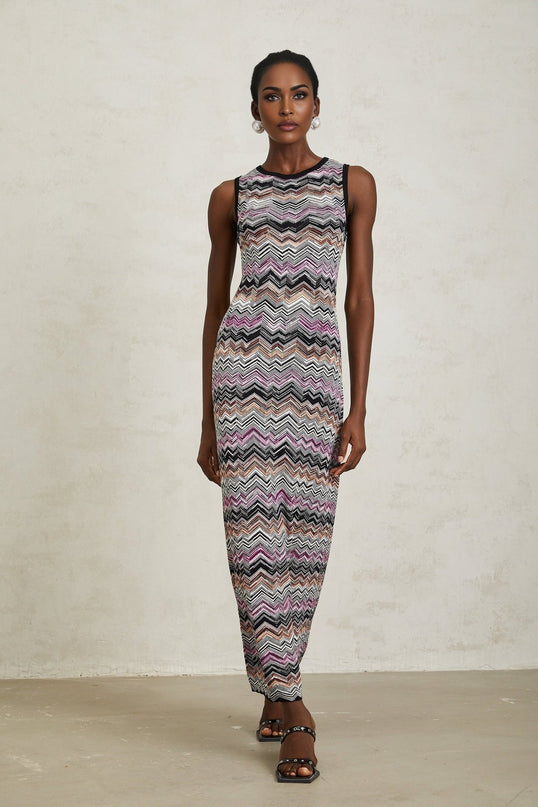 Yvette Purple Zigzag Woven Knit Maxi Dress