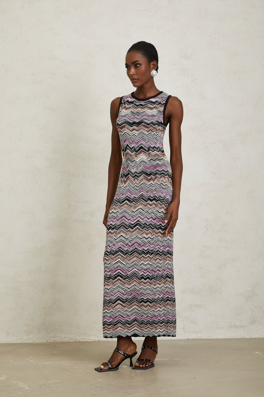 Yvette Purple Zigzag Woven Knit Maxi Dress