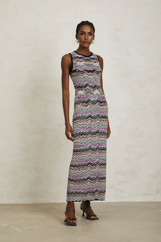 Yvette Purple Zigzag Woven Knit Maxi Dress