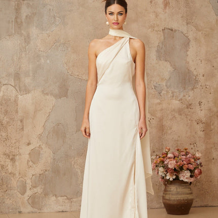 Yvette White Satin Maxi Dress with Scarf Design and Side Slit