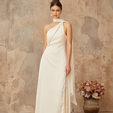 Yvette White Satin Maxi Dress with Scarf Design and Side Slit