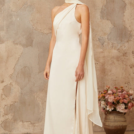 Yvette White Satin Scarf Maxi Dress with Side Slit Mono Shoulder Spaghetti Straps Ruched Detailing Self-Tie Elements Fitted Silhouette Luxurious Terylene Fiber