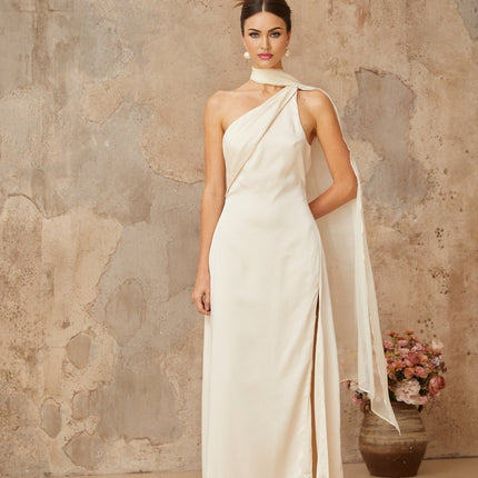 Yvette White Satin Scarf Maxi Dress with Side Slit and Mono Shoulder