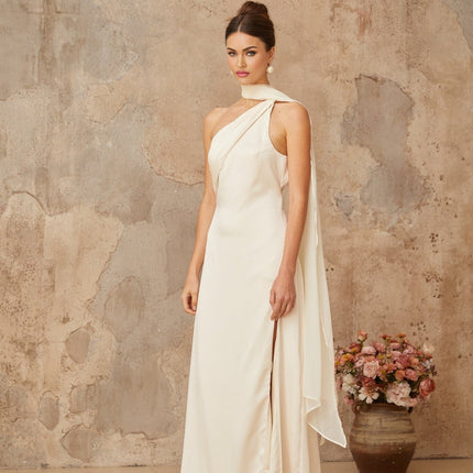 Yvette White Satin Scarf Maxi Dress with Side Slit Mono Shoulder Spaghetti Straps Ruched Detailing Self-Tie Elements Fitted Silhouette Terylene Fiber Special Occasions