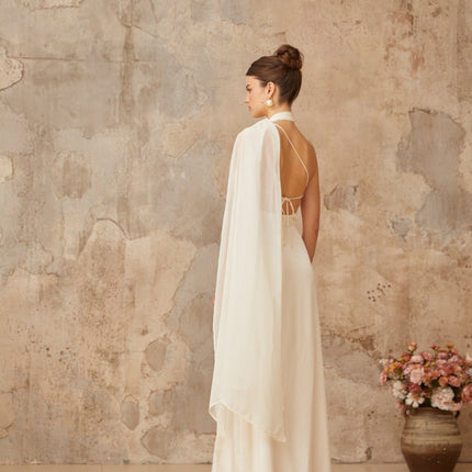 Yvette White Satin Scarf Maxi Dress with Side Slit and Ruched Detailing