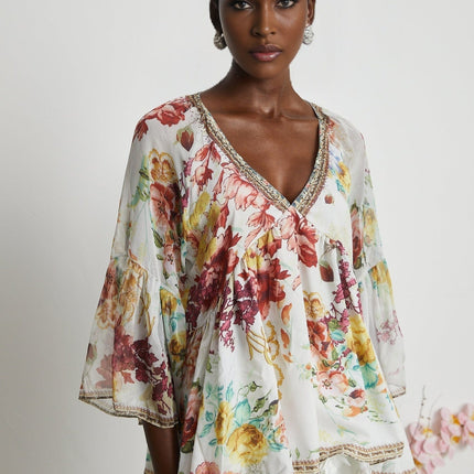 Yvonne White Floral Tulle V-neck Blouse Multicolor Embellished Trim Long Flared Sleeves Pleated Waist Detail