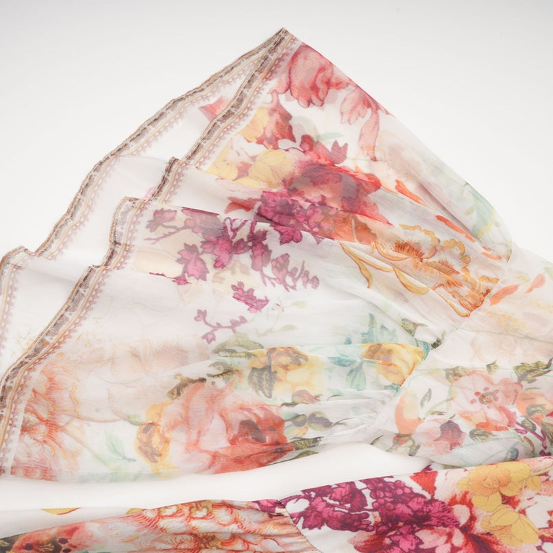 Yvonne White Floral Tulle V-neck Blouse Multicolor Embellished Trim Long Flared Sleeves Pleated Waist Detail