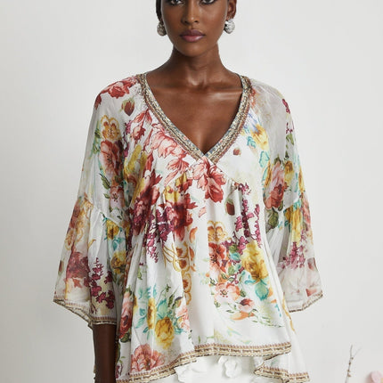 Yvonne White Floral Tulle V-neck Blouse