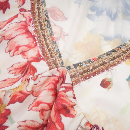 Yvonne White Floral Tulle V-neck Blouse Multicolor Embellished Trim Flared Sleeves Pleated Waist Detail