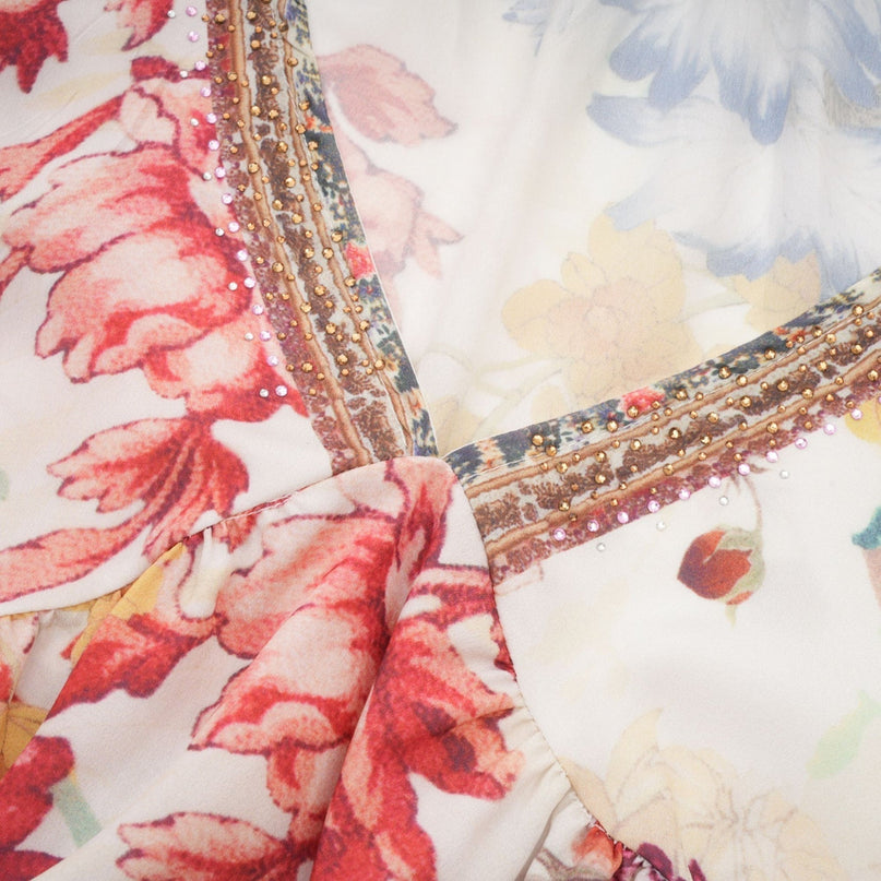 Yvonne White Floral Tulle V-neck Blouse Multicolor Embellished Trim Flared Sleeves Pleated Waist Detail