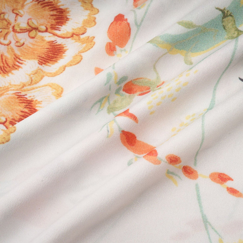 Yvonne White Floral Tulle V-neck Blouse Multicolor Embellished Trim Flared Sleeves Pleated Waist Detail