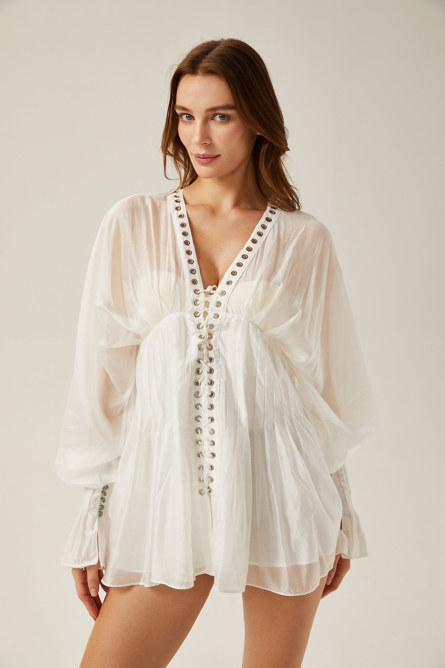 Yvonne Vneck fronttie semisheer mini dress