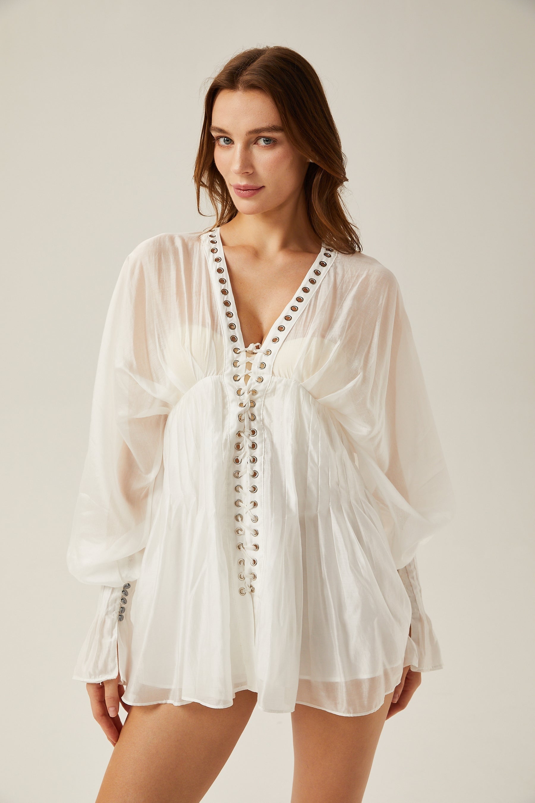 Yvonne Vneck fronttie semisheer mini dress